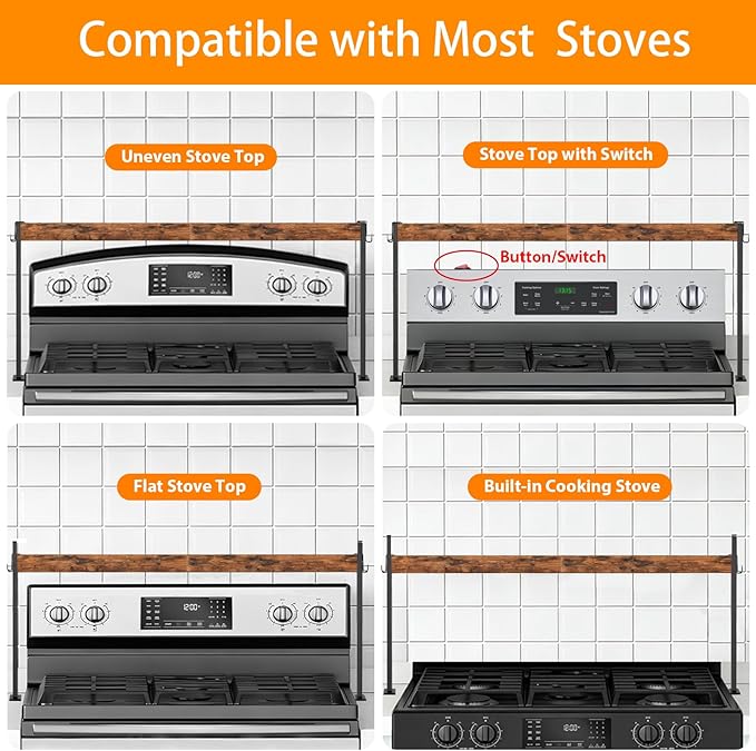 Spice Rack Shelf for Kitchen Stove, Over The Stove Shelf with 4 Level Adjustable Height, Over Stove Spice Rack with 4 Hooks, Black
