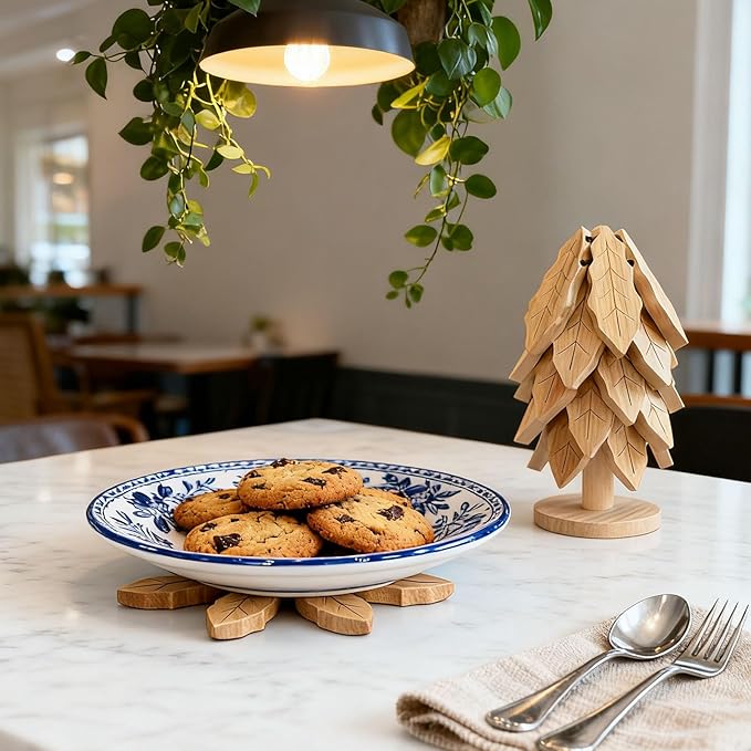 Wooden Trivets for Hot Dishes, 5Pcs Moso Bamboo Christmas Tree Coaster Set with Storage Stand for Pots, Pans & Plates