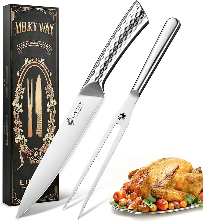 Livtek Carving Knife and Fork Set 8" Slicing Knife and 7" Fork - German High Carbon Stainless Steel - Brisket Slicer, Turkey Carving, BBQ Tools - Thanksgiving Dinner Gift Set