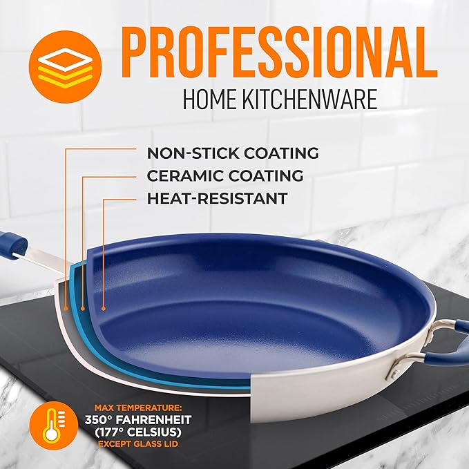 NutriChef 14" Fry Pan With Lid - Extra Large Skillet Nonstick Frying Pan with Silicone Handle, Ceramic Coating, Blue Silicone Handle, Stain-Resistant And Easy To Clean, Professional Home Cookware
