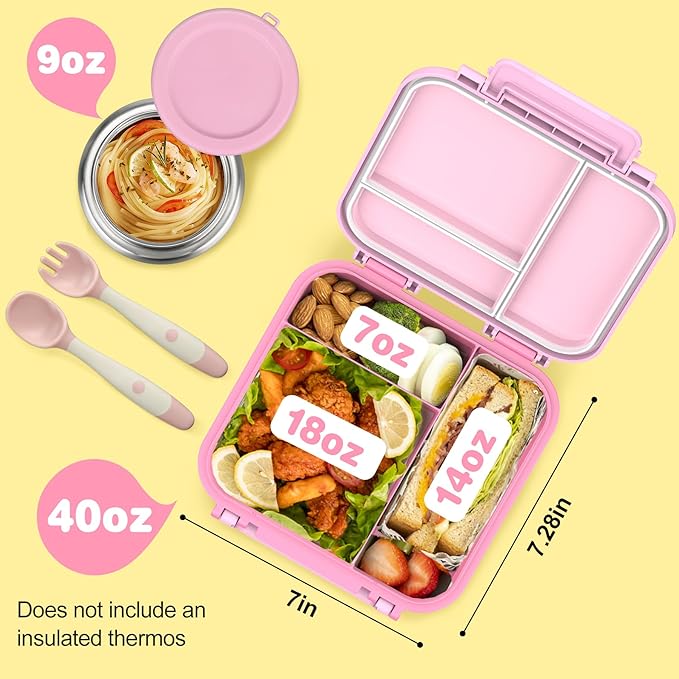 Bento Lunch Box for Kids with 9oz Thermo, Leak-proof Lunch Containers with 3 Compartments,Kids-friendly Size,Durable/Dishwasher Safe Lunch Box for School Outdoors-Pink