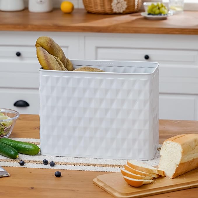 Extra Large Bread Box for Kitchen Countertop Corner Breadbox for Homemade Bread Metal White Diamond Pattern Embossed Storage Container Bin with Bamboo Lid Fits 2 Loaves of Bread