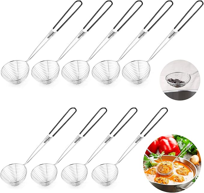 9 Pieces Stainless Steel Spider Strainer Spoon Small Wire Skimmer Colander with Handle for Hot Pot, Tortellini and Meatball