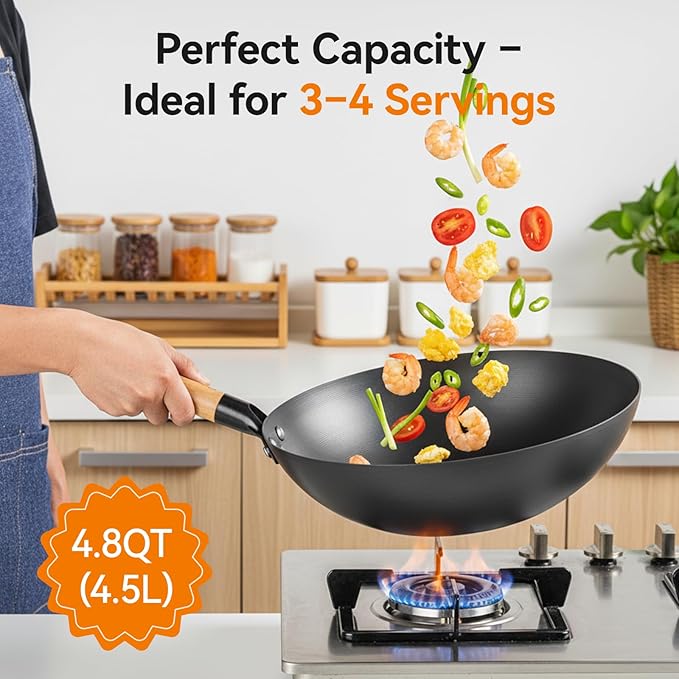 12.6" Carbon Steel Wok Pan, Flat Bottom Stir Fry Pan with Wooden Handle, Traditional Chinese Iron Cookware, Compatible with Gas, Electric & Induction Cooktops