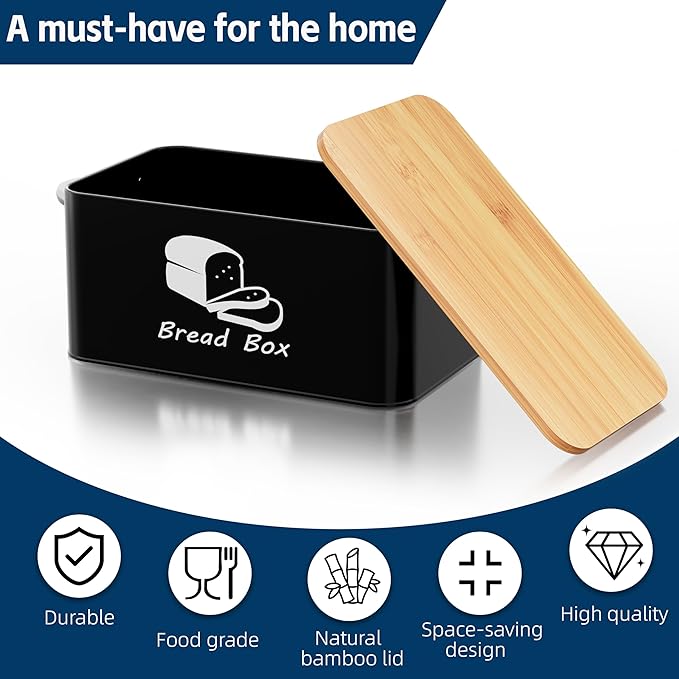 Metal Bread Box with Bamboo Cutting Board Lid, Bread Storage Container, Modern Kitchen Organizer for Sourdough, Buns, and Loaves (Black)