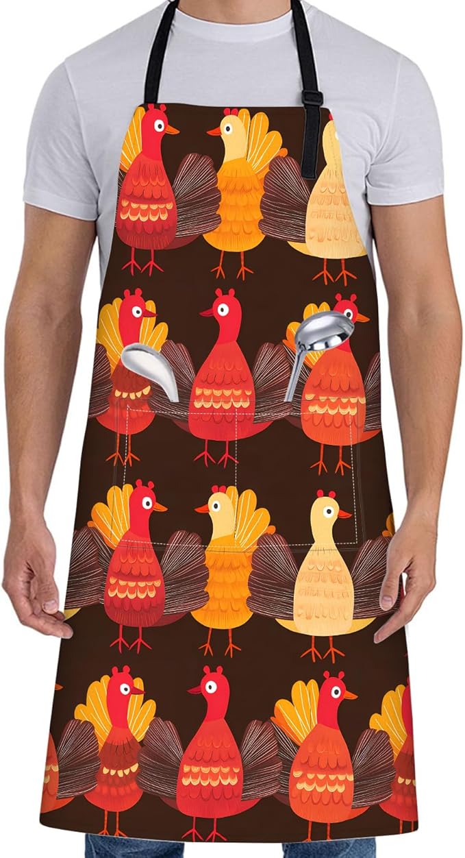 Festive Fall Apron for Women with Turkey,28x33in,Thanksgiving Chicken Kitchen Aprons with 2 Pockets,Oxford Fabric,Holiday Adjustable Apron for Cooking Baking Gardening Chef,Gifts