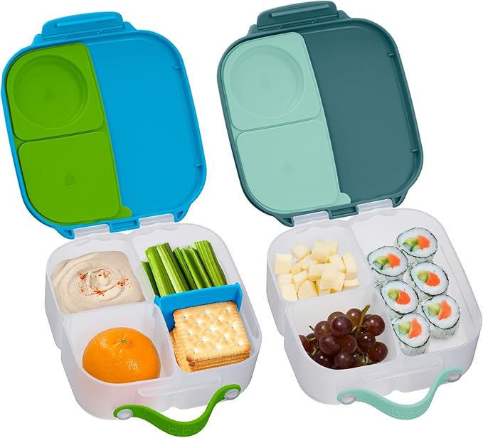 b.box Mini Lunch Box (2-pack), Bento Box for Kids Snack Container with 2 Leak-Proof Compartments, Reusable Snack Containers with Lids, BPA Free Kids Lunch Box, 4 1/4 Cup (Emerald Forest+Ocean Breeze)