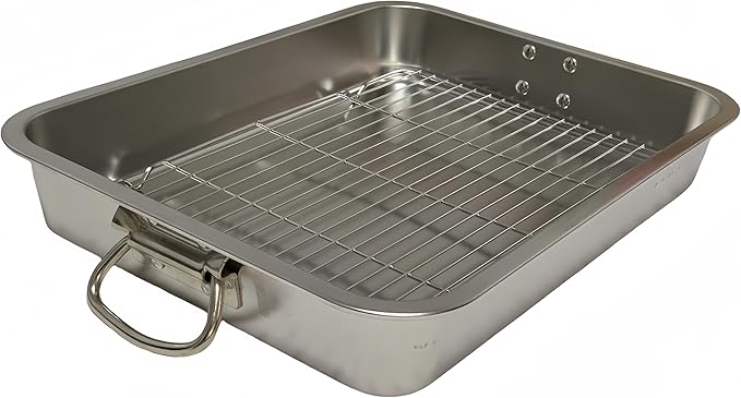 Generic Roasting Pan Stainless steel Roasting pan Turkey Roasting pan with grill Rectangular grill suitable for Turkey, roast chicken and ham (23.4x15.6x2.8in), Silver