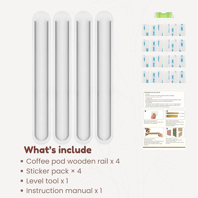 Bamboo Coffee Pod Holder, Adhesive Wall Mount for Cabinet Door, 36-Capsule Storage (Set of 4) — Vertical/Horizontal — Compatible with Nespresso Original Line-White