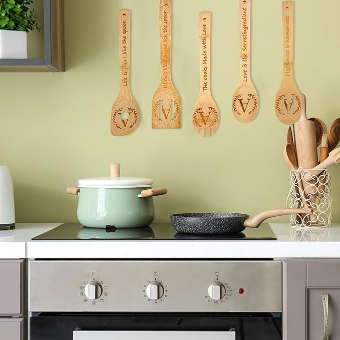 5PCS Initial Wooden Cooking Spoons Initial Gifts Kitchen Decor Personalized Customized Monogrammed Birthday Gifts for Women Mother,New Mom,Teacher,Wife,Daughter,Sister,Housewarming Wedding (Letter A)
