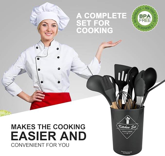 Silicone Cooking Utensils Kitchen Utensil Set - 446°F Heat Resistant Silicone Kitchen Utensils Set, Spatula,Turner Tongs, Spoon, Brush, Whisk,Kitchen Gadgets for Nonstick Cookware, BPA Free (Grey)