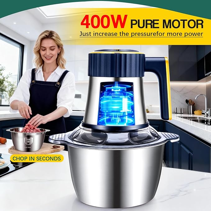 Food Processor, Electric Meat Grinder & Vegetable Chopper with 8 Cup Stainless Steel & 8 Cup Glass Bowls, Electric Food Chopper 400W Motor and 2 Sets Bi-Level Blades for Kitchen Appliances