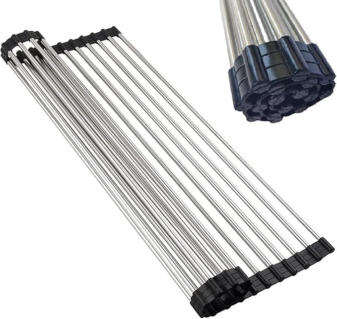 Roll up Dish Drying Rack Over The Sink Portable Stainless Still Rolling Rack Folding Mat for Kitchen Counter (Black, 17.7''LX11.2''W)