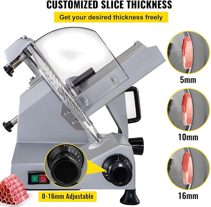 VEVOR Commercial Meat Slicer, 320W Electric Deli Food Slicer, 12 inch Carbon Steel Blade Electric Food Slicer, 350-400RPM Meat Slicer, 0-0.6 inch Adjustable Thickness for Cheese, Veggies, Ham