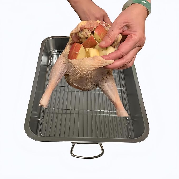 Generic Roasting Pan Stainless steel Roasting pan Turkey Roasting pan with grill Rectangular grill suitable for Turkey, roast chicken and ham (19.5x13.6x2.8in), Silver