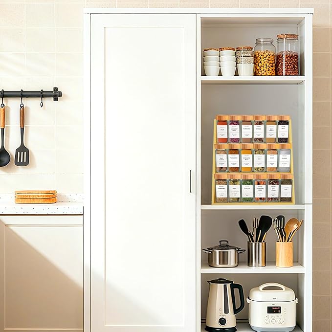 Bamboo Spice Rack Organizer, 3 Tier Folding Spice Shelf for Cabinet, Drawer or Countertop
