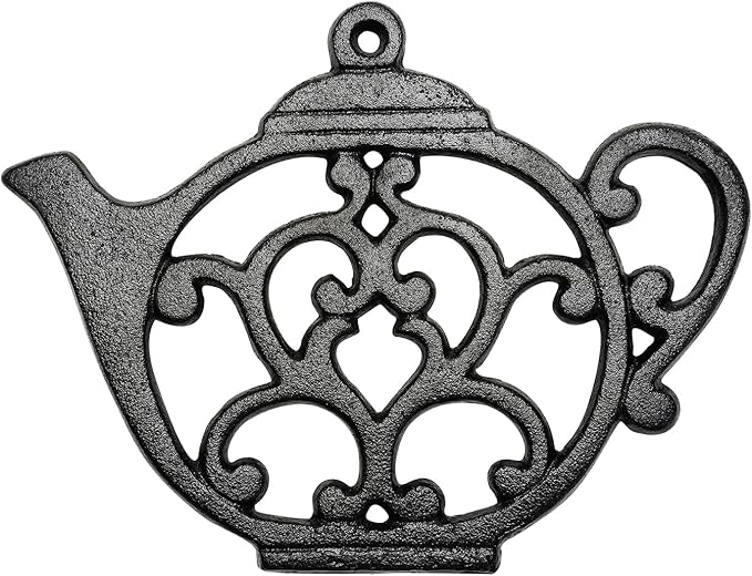 Sungmor Heavy Duty Cast Iron Trivet,Decorative Rustproof Black Trivet for Kitchen or Dinning Table,7.9" x 6" with Vintage Lovely Teapot Pattern