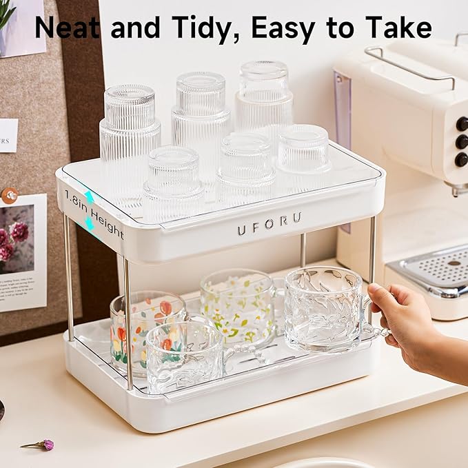 Countertop Coffee Station Organizer| 2-Tier Whisky Glass Holder, Mug Drying Rack with Removable Drain Tray - Easy to Install, Clean - Matcha Station Shelf for Kitchen, Bathroom Counter Organzier