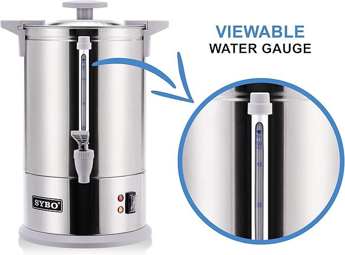 SYBO Commercial Grade Stainless Steel Percolate Coffee Maker Hot Water Urn for Catering, 50-Cup 8 L, Grey
