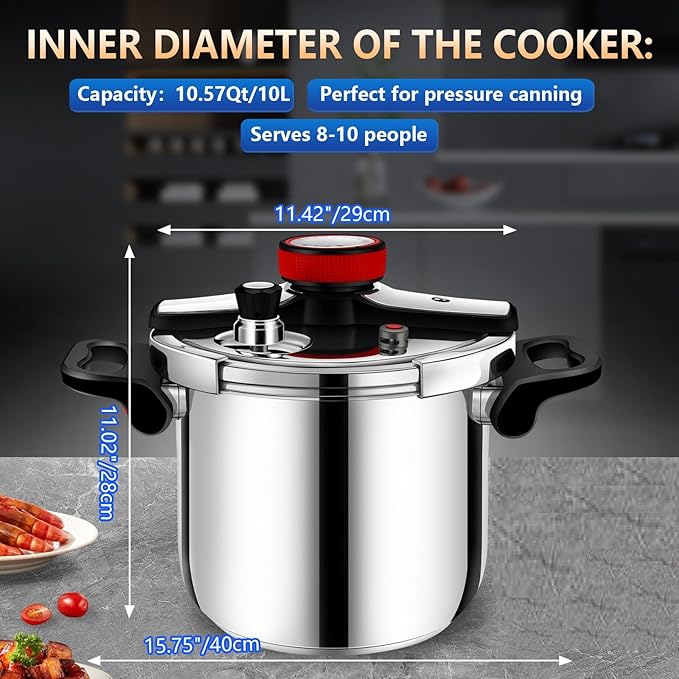 Pressure Cooker Stainless Steel 10 Qt, Commercial Stove Top Pressure Cooker for canning, One-Hand Locking, Compatible with Gas & Induction, Fast Cooking for Large Meals, Dishwasher Safe, Deeluban
