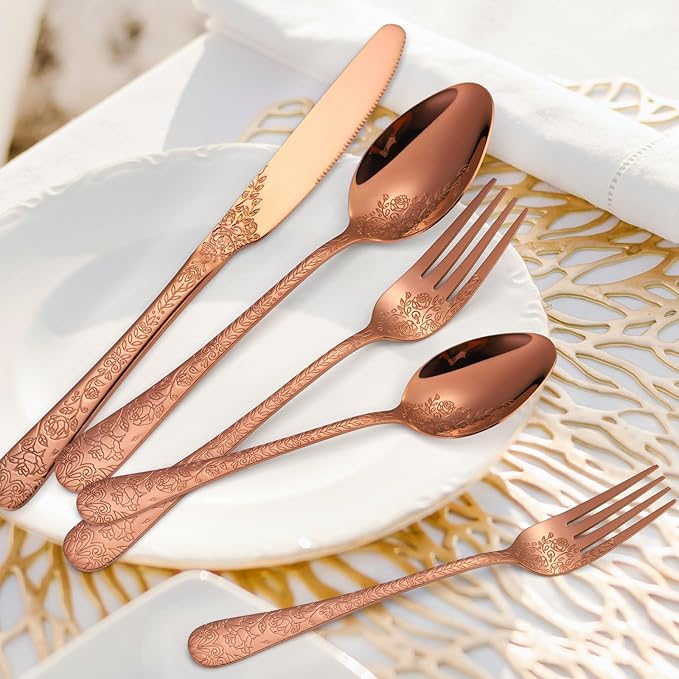 Vintage Flatware Copper/Rose Gold Floral Silverware 30 Piece Stainless Steel Set for 6 Cutlery Utensils Unique Embossed Pattern Design Elegant Home Kitchen Restaurant Festival Parties…