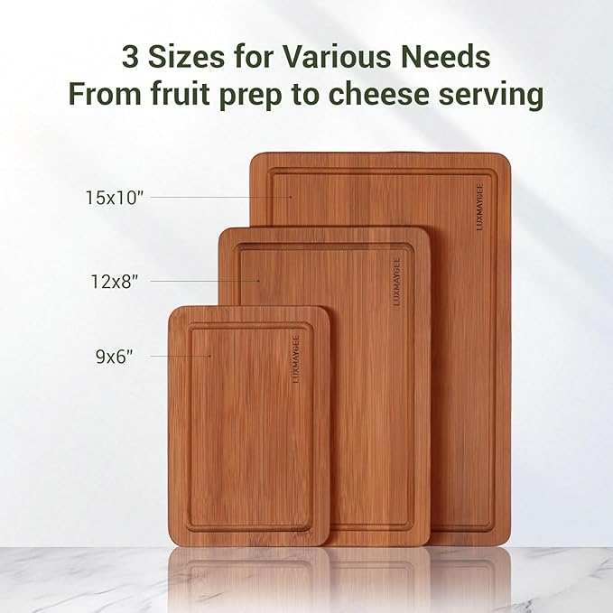 Bamboo Cutting Board for Kitchen, Wooden Cutting Boards 3-Piece with Deep Juice Groove Built-In Handles and Non-Slip Feet, Wood Chopping Boards Set for Meat Vegetables Fruit Ideal Gift for the Home