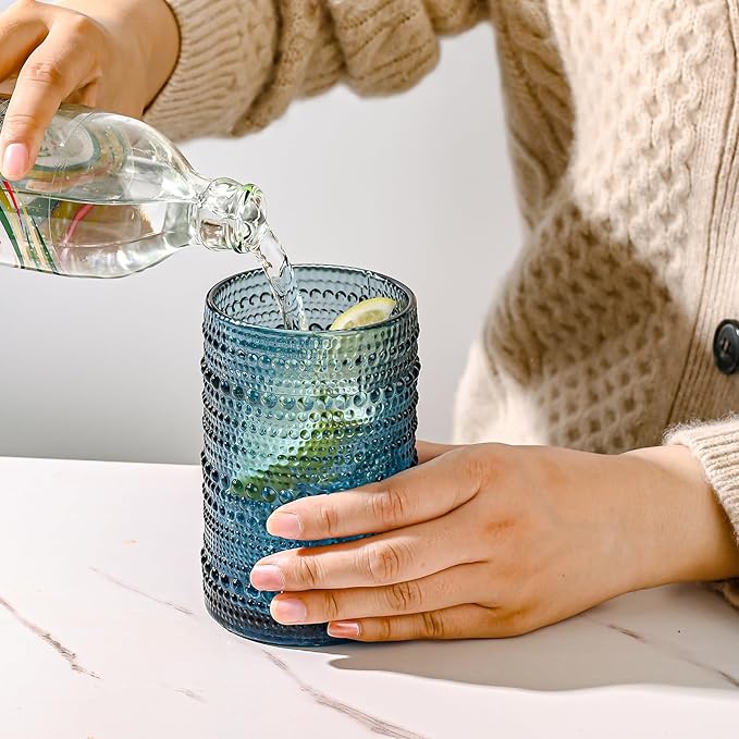 Vintage Glassware Drinking Glasses Set of 12,Blue 12oz & 15oz Hobnail Glass Cups,Embossed Water Tumbler,for Beer,Cocktail,Whiskey,Juice and Various Mixed Drinks- 1 Cleaning Brush