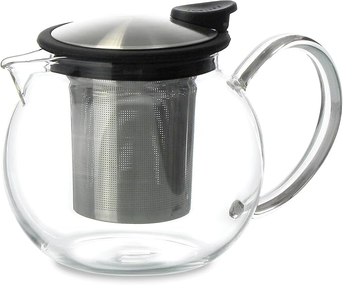 FORLIFE Bola Glass Teapot with Basket Infuser, 25oz./750ml., Black Graphite