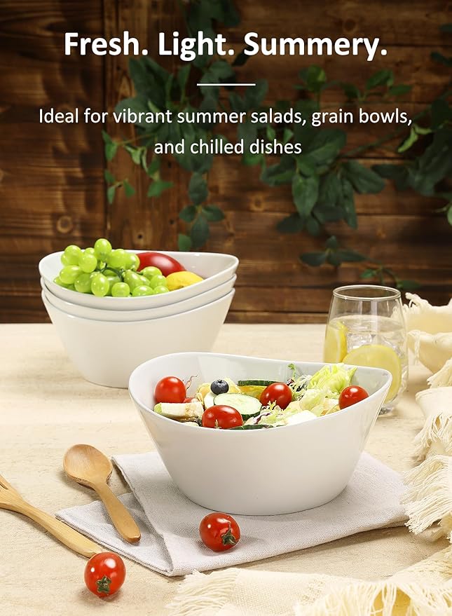 Yedio 48 oz Porcelain Salad Bowls Set of 4 – Large Serving Bowls for Pasta, Soup, Oatmeal, Snacks – Microwave & Dishwasher Safe, White Kitchen Bowl Set