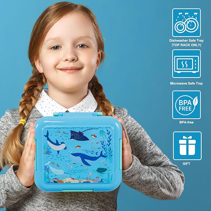 Caperci Bento Box for Kids - Leak-Proof Lunch Box Snack Container with 2 Modular Containers & 4 Compartments, Hold 4.8 Cups, Portable Handle, BPA-Free, Microwave/Dishwasher Safe (Sea Life)