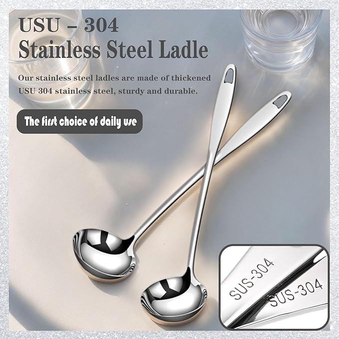 Soup Ladle 304 Stainless Steel 12.2Inch Metal Ladle, Extra Large Soup Spoon with Long Handle for Serving, Cooking, Stirring, Serving Soups, Silver