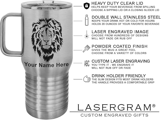 LaserGram 20oz Vacuum Insulated Travel Mug with Handle, Sushi, Personalized Engraving Included (Stainless Steel)