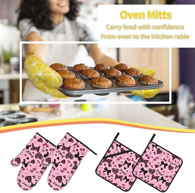 Oven Mitts Lovely Pink Heat Resistant Silicone Oven Mitts Set of 4,Oven Gloves for Cooking BBQ, Suitable for Barbecues Baking Cooking Microwave Cooking Gift