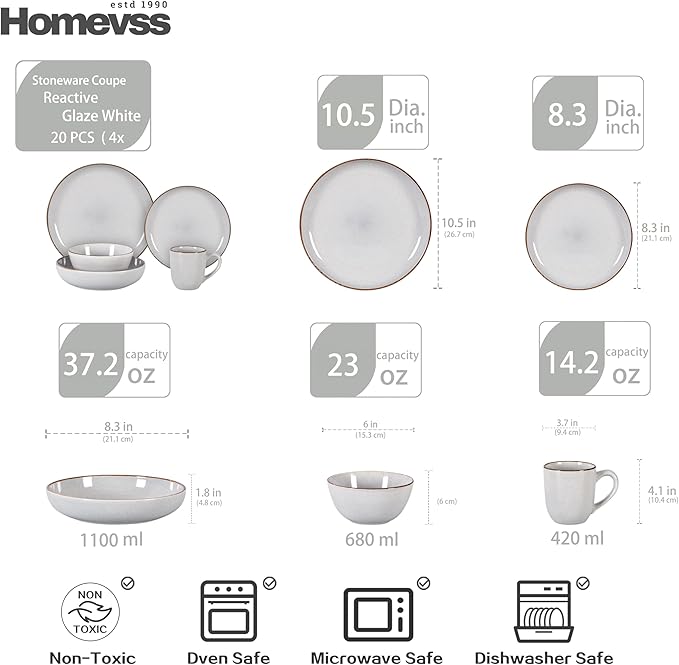 Stoneware Euro-Nordic 20pc Dinnerware Set, Shiny White With Speckled Effect