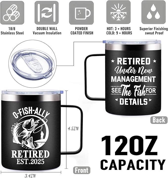 12oz Retirement Mug, Retired Under New Management See The Fish For Details Mug, Mens Retirement Gifts, Retired Gift for Fishing Lovers