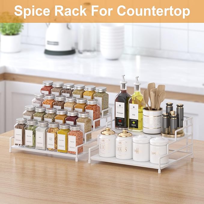 4-Tier-Spice-Rack-Organizer-for-Cabinet, Adjustable Depth Spice Holder Shelf For Countertop Pantry Cupboard, Metal Tiered Seasoning Organizer,Display Shelf Riser (White-2 Pack)