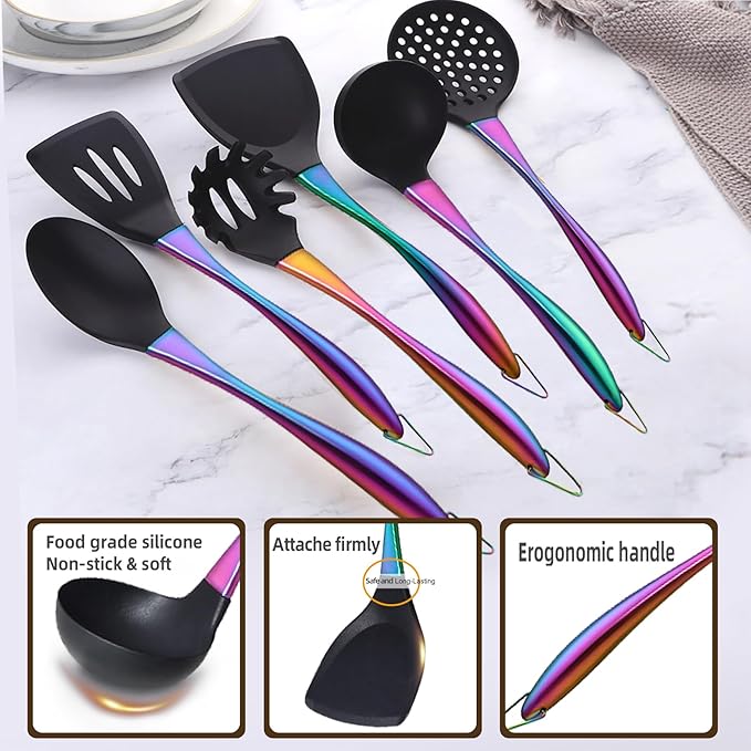 Kitchen Utensils Set, Large Non-stick Silicone Cooking Utensils Set 6 Pcs,Made of 446°F Heat Resistant Food Grade Silicone and Stainless Steel Handles,Easy to Clean Kitchen Gadgets Set (Rainbow)