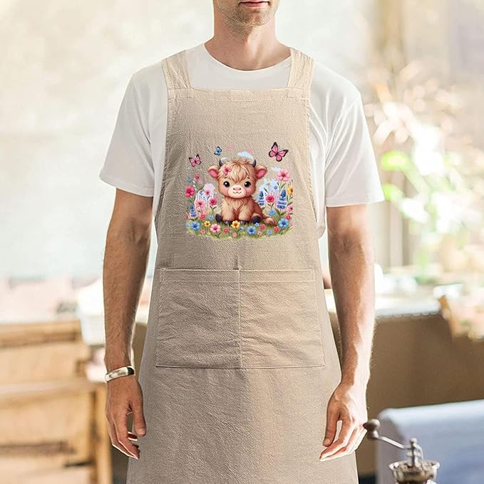 Cotton Linen Apron Non-tie Cross Back Kitchen Apron with Pockets Soft Comfortable Durable for Cooking Baking Gardening (Khaki,Highland Cattle)