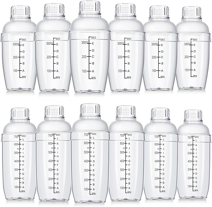 Lallisa 12 Pcs Plastic Cocktail Shaker Drink Mixer with Scales and Strainer Top Clear Shaker Cup with Measurement Plastic Bar Mixing Tool for Tea Coffee Bubble Tea Milk(350cc/ 12 oz and 700 Cc/ 24 oz)