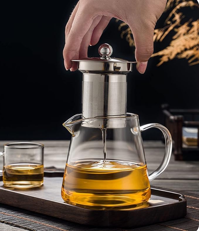 Glass Teapot with Removable Stainless Steel Infuser, Borosilicate Glass Tea Pot with Strainer,for Blooming Tea & Loose Leaf Tea, Microwave & Stovetop Safe (33OZ)