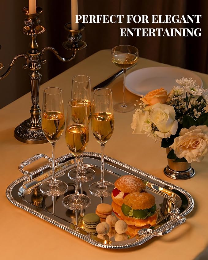 18.5"x14.5" Rectangular Silver Serving Tray with Handles, Beautiful Mirror Polished Finish, Lightweight Classic Metallic Decorative Silverplate Tray for Wedding Anniversary Birthday Holiday Gatherings