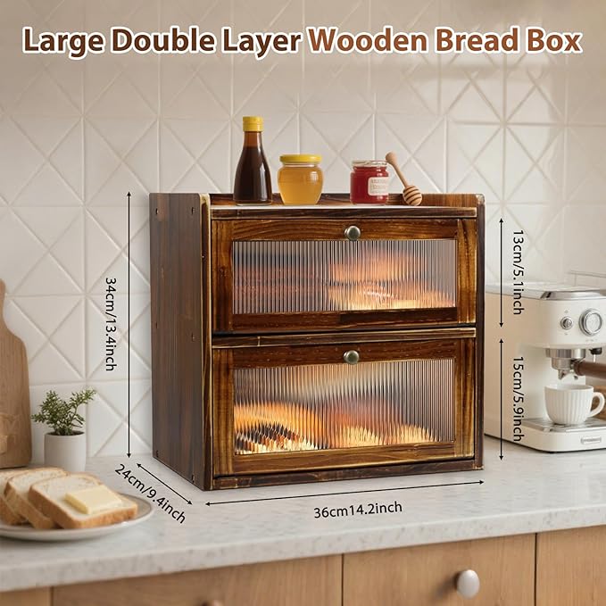 Bread Box for Kitchen Countertop, 2 Layer Large Capacity Wooden Bread Storage Container with Clear Wavy Acrylic Window Breadbox Holder Keeper Farmhouse Food Organizer