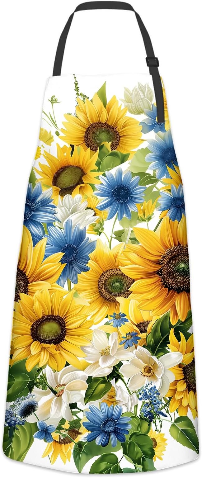 Sunflower and Daisy Apron for Women Men, Cooking BBQ Chef Polyester Lightweight Bright Floral Aprons with Pockets for Baking Kitchen Gardening Cleaning, Adjustable Neck Strap, 28×33inch