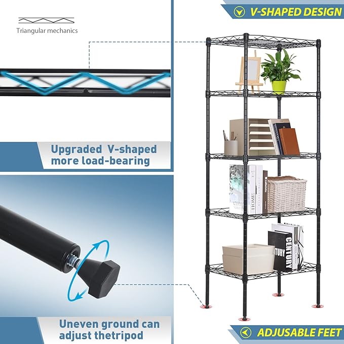 5-Shelf Storage Shelves Metal Shelving Unit NSF Garage Storage Rack Adjustable Wire Shelves Organizer for Kitchen Closet Basement, 750 Lbs Capacity, 16.7" L × 11.8" W × 47.6" H, Black