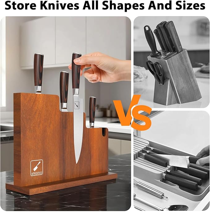 Magnetic Knife Block 13 x 10 Inches, imarku Magnetic Knife Holder Rack for Kitchen Counter, Double Sided Magnet Knife Storage Stand with Knife Sharpener, Brown