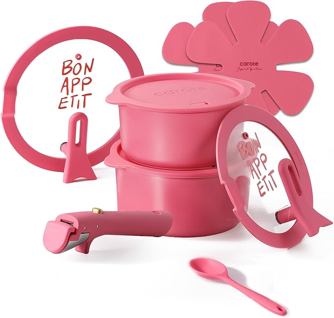 CAROTE Ceramic Sauce Pan Sets with Stand-Up Lid 3QT & 4QT, 10 Piece NonStick Kitchen Cookware Sets with Detachable Handle, Non Toxic Cooking Pot, Oven Safe, Induction Ready, Pink
