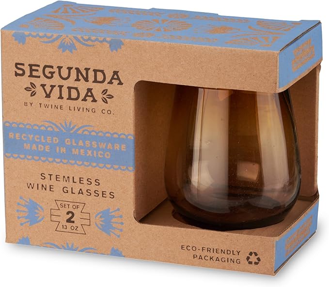 Twine Living El Ocaso Hand Blown Wine Glasses, Recycled Mexican Glassware with Sunset Inspired Yellow and Purple Gradient, Stemless Drinking Glasses for Wedding Gifts, Wine Lovers, 13 oz Set of 2