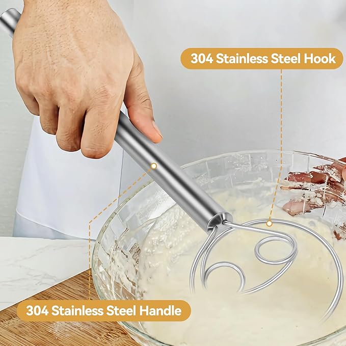 Danish Dough Whisk Stainless Steel Hook Dutch Baking Tool Bread Sourdough Mixer for Pizza Pastry Cake Batter Making