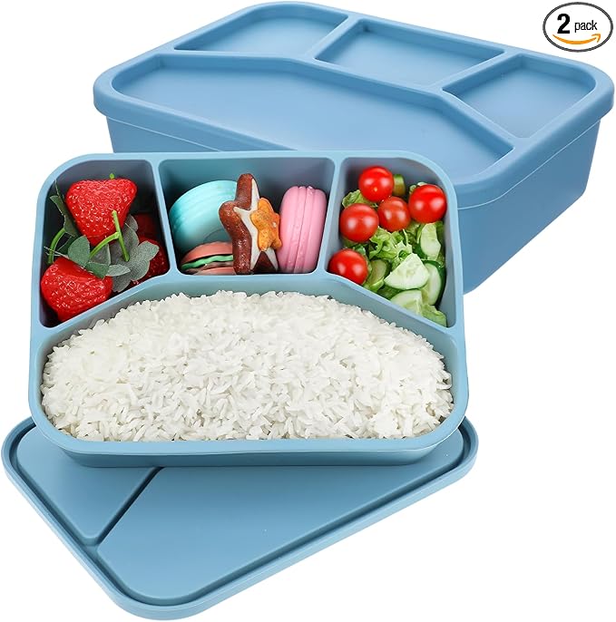 2 Pack Silicone Bento Boxes, 4 Compartment LeakProof Lunch Container, 42 OZ Unbreakable Meal Prep Food Storage Container, Food-Grade Divided Lunch Box for Adult Kid, BPA Free, Oven Dishwasher Safe