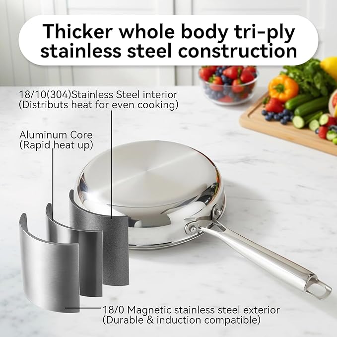 Professional Grade 316L Stainless Steel Frying Pan | 8 Inch Skillet with Glass Lid | Healthy PFOA/PFOA-Free & Dishwasher Safe | Induction & Gas Stove Compatible, Oven Safe to 500°F